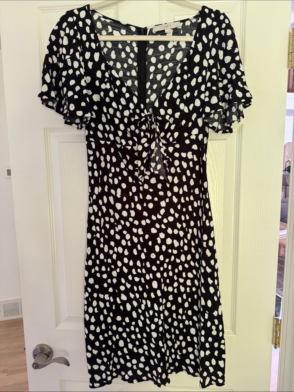 LOFT Black and White Dot Tie-Front Midi Dress